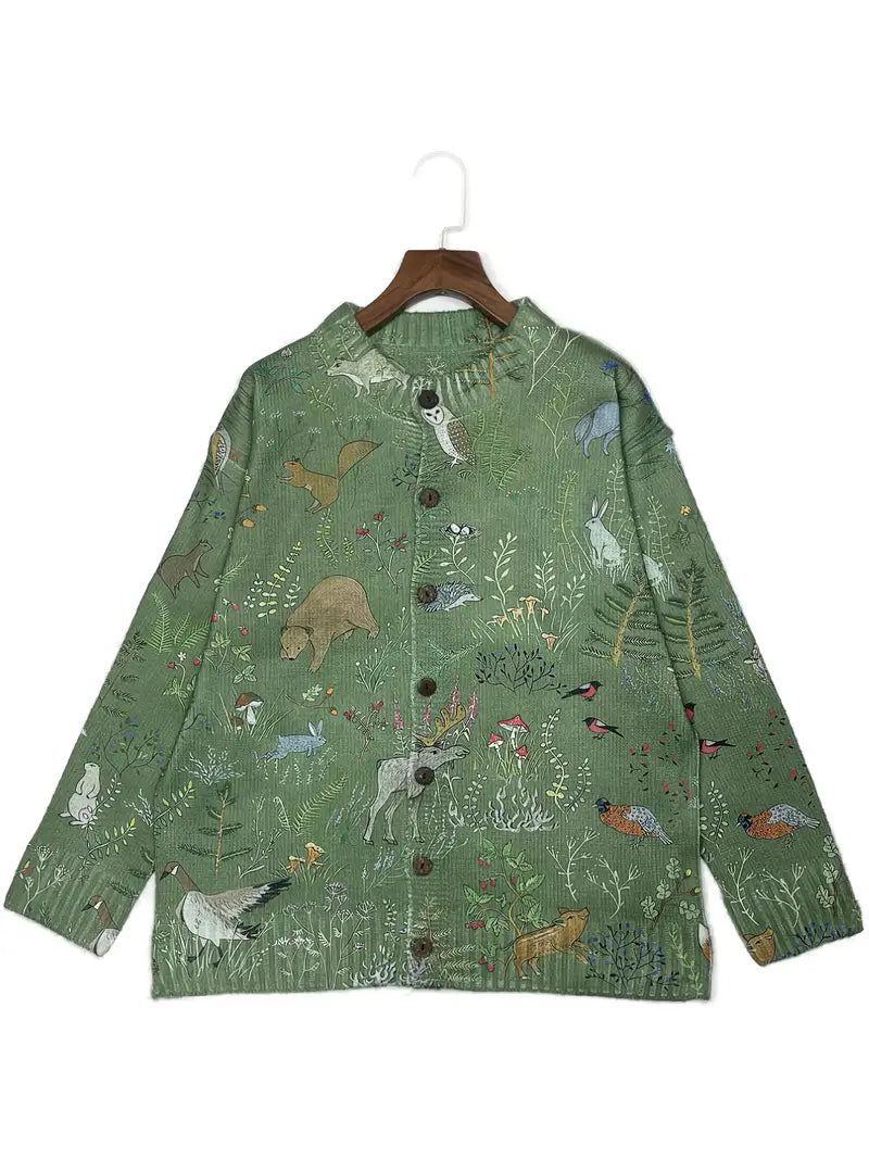 HIYA™ | Cozy Knitted Cardigan with Forest-Inspired Print
