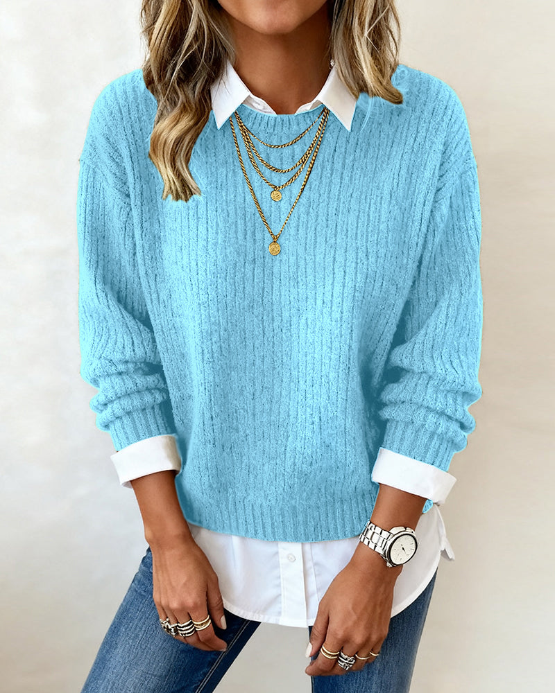 MaryAnne® | Sweater With Shirt Collar And Patchwork Design