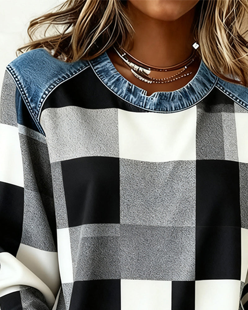 MaryAnne® | Sweatshirt with Check Patchwork and Contrast Color