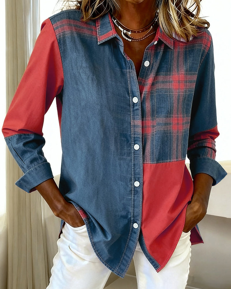 MaryAnne® | Shirt with Notched Collar and Checked Contrast Design
