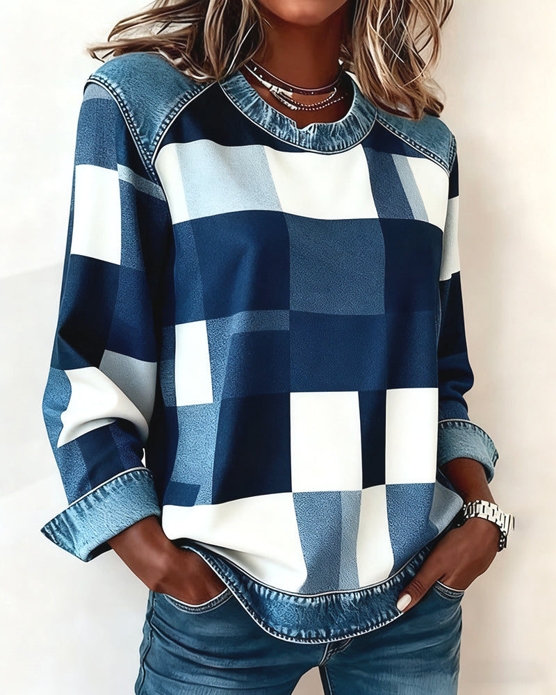MaryAnne® | Sweatshirt with Check Patchwork and Contrast Color