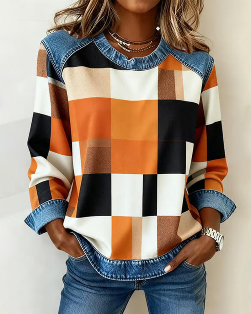 MaryAnne® | Sweatshirt with Check Patchwork and Contrast Color
