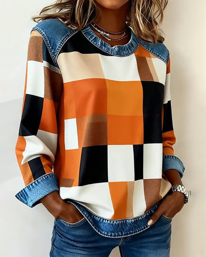 MaryAnne® | Sweatshirt with Check Patchwork and Contrast Color