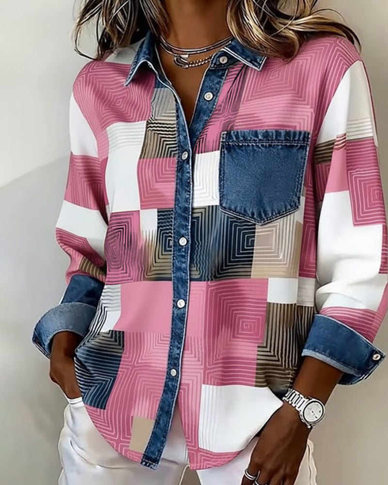 MaryAnne® | Color Block Shirt Fashionable Collar