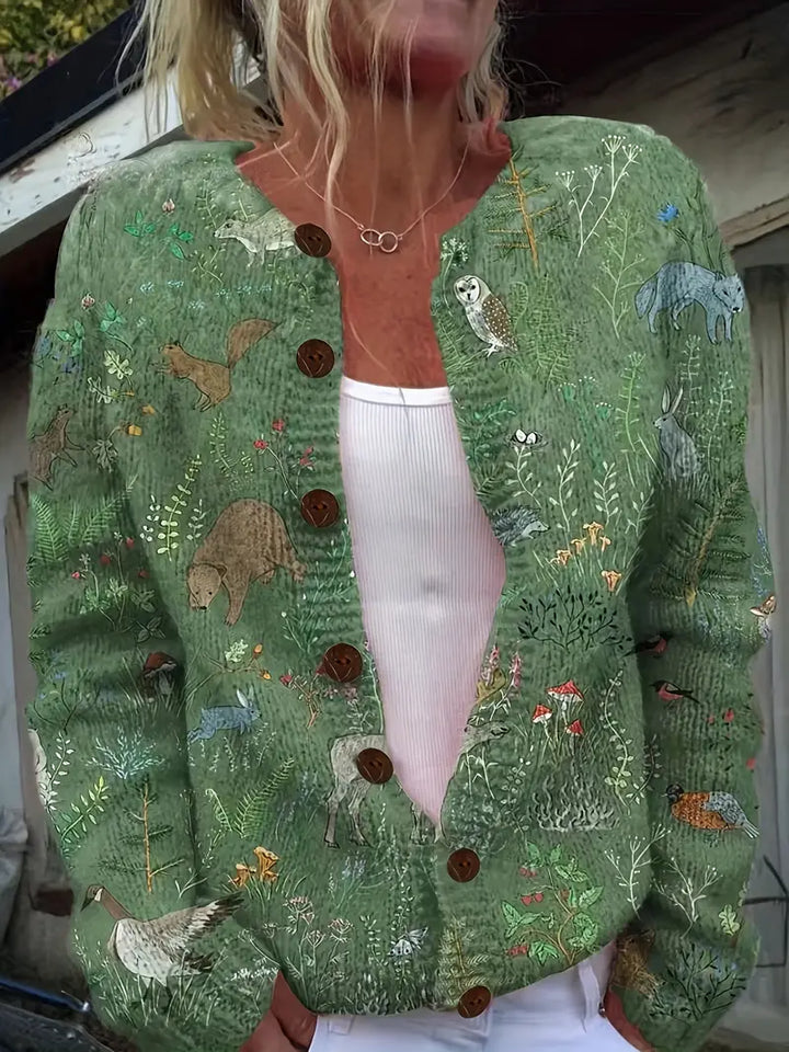 HIYA™ | Cozy Knitted Cardigan with Forest-Inspired Print
