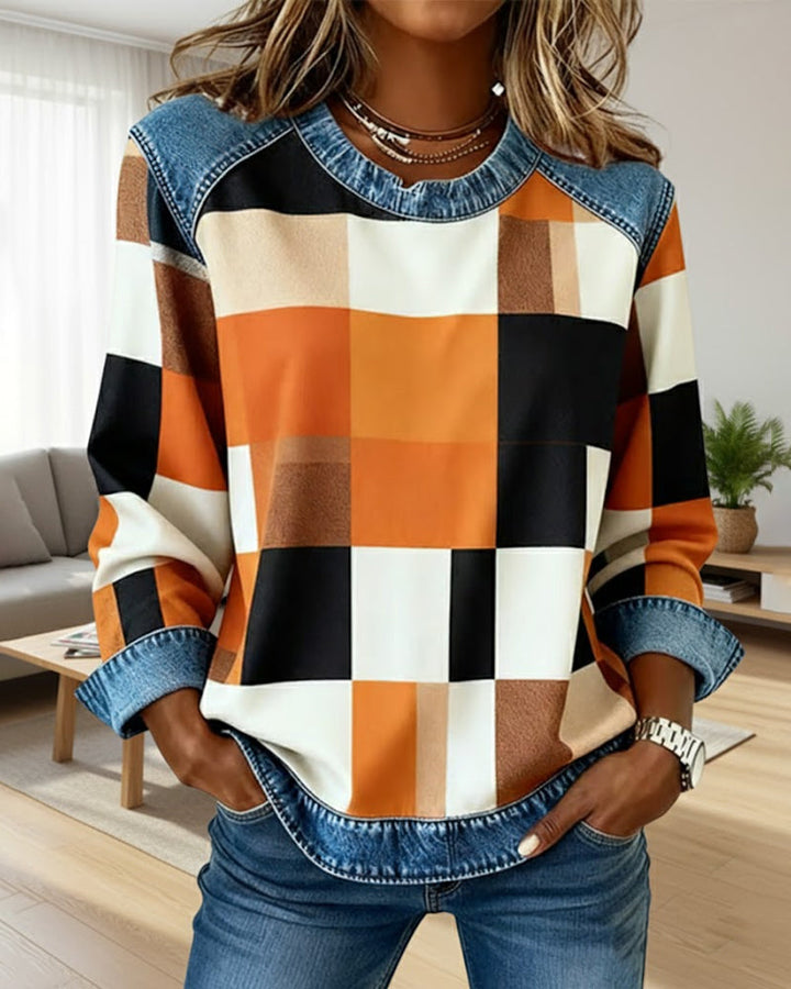 MaryAnne® | Sweatshirt with Check Patchwork and Contrast Color